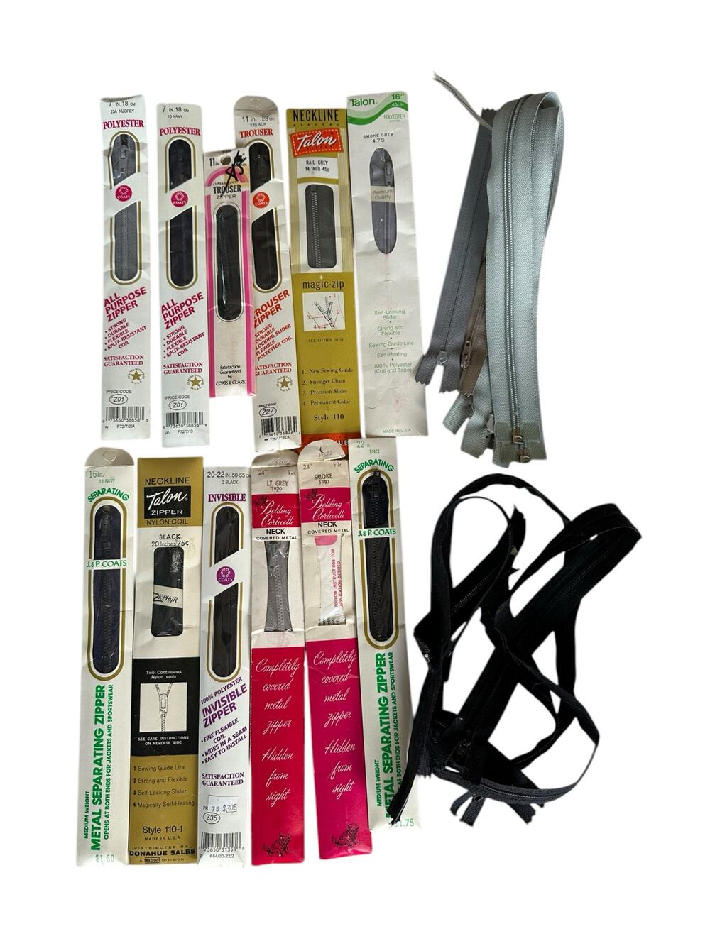 Vintage Talon Coats & Clark Lot of 21 Zippers Various Colors Sizes Styles NEW
